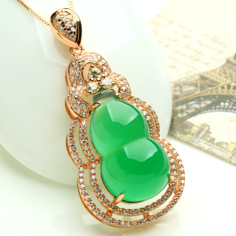 

Natural handcarved gourd green jade pendant with 925 sterling silver pendants necklaces add chain jade jewelry rose gold