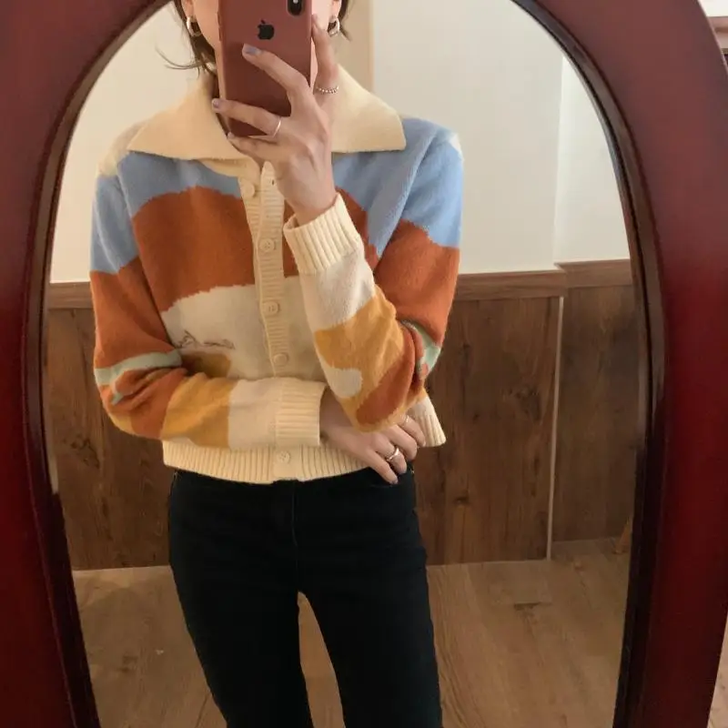 

Women Cardigans 2020 New Autumn Landscape Print Long Sleeve Knitted Cream Jacket Coat Femme Winter Thick Casual Yellow Sweaters