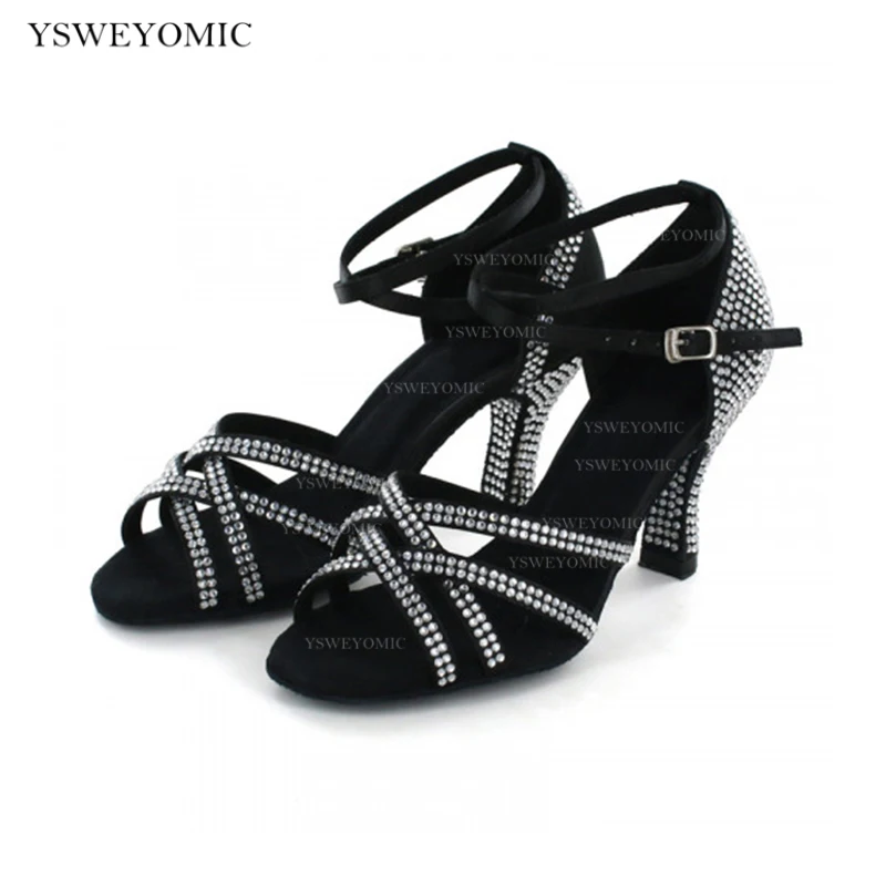 Professionally Salsa Latin Shoes Black Satin High Quality Rhinestones On Outsole Fashion Summer Latin Dance Sandals Dance Shoes