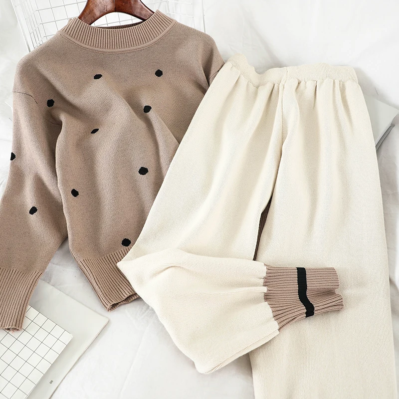 2019 Новая модная женская одежда свитер в горошек + штаны комплект из двух