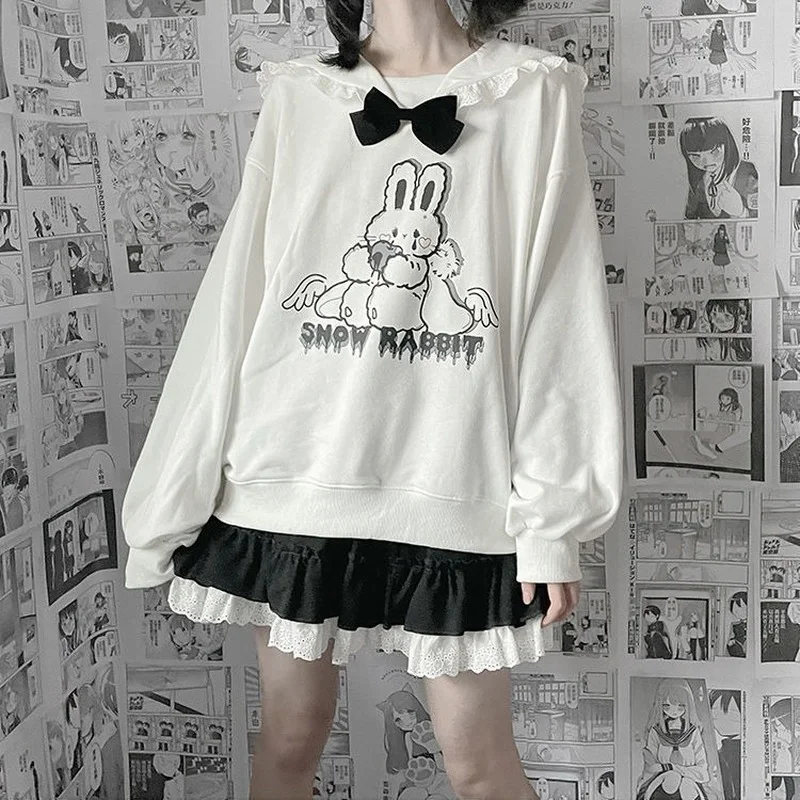 

HOUZHOU Japanese Cartoon Bunny Print Hoodies Women Kawaii Sailor Collar White Oversized Hoodie Autumn Gothic Harajuku Pullover