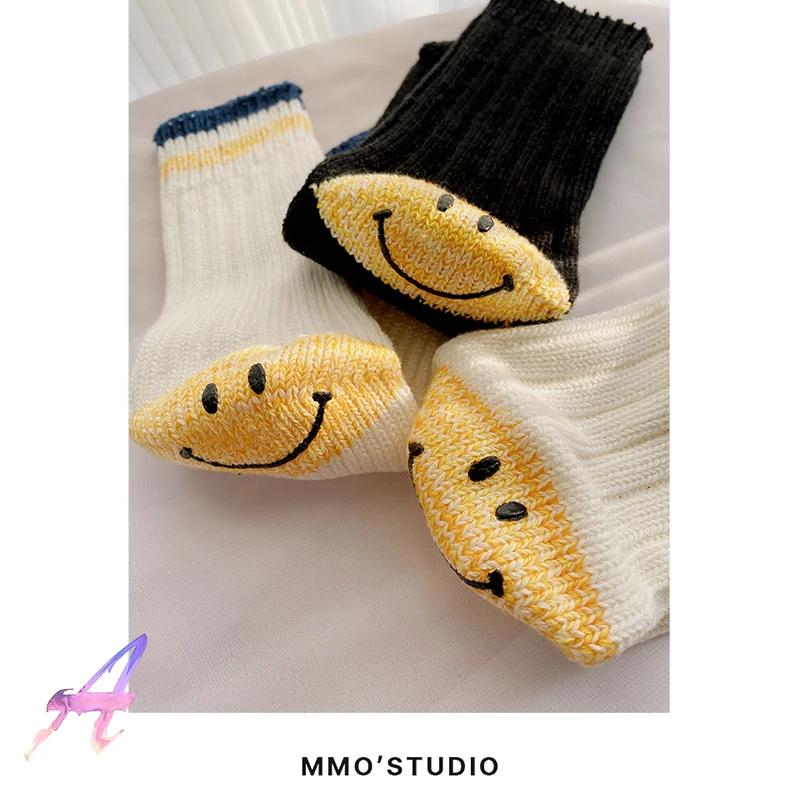 2 Pack KAPITAL Middle Tube Socks Men's Women's Smiley Face  Cotton Socks Casual KAPITAL Knitted Socks