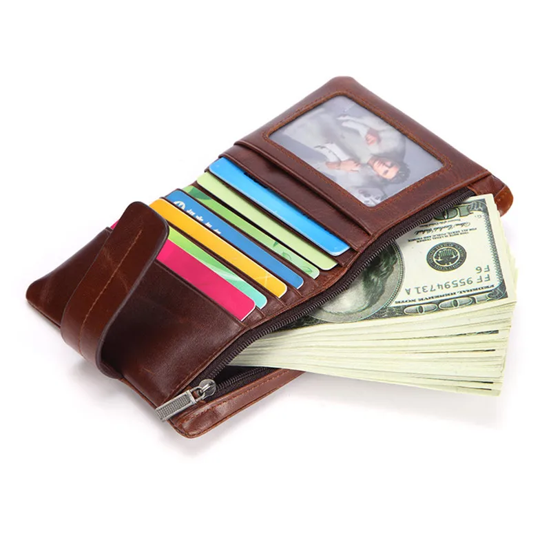 Retro fashion first layer cowhide zipper short coin purse simple casual natural genuine leather Multiple card slots wallet men