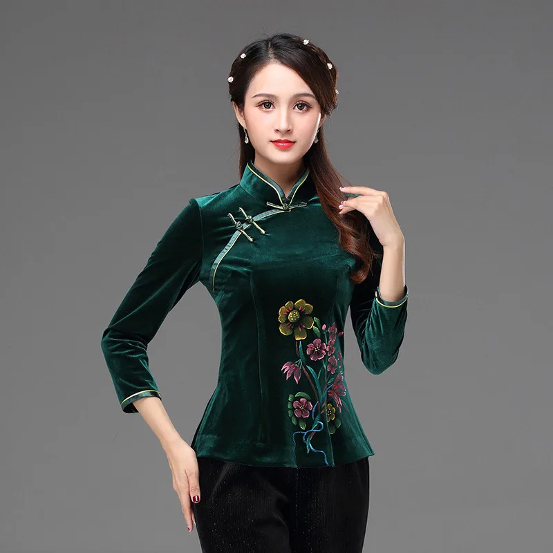

Cheongsam blouse Tang suit blouse autumn and winter fashion improved retro slim mother dress wedding gold velvet