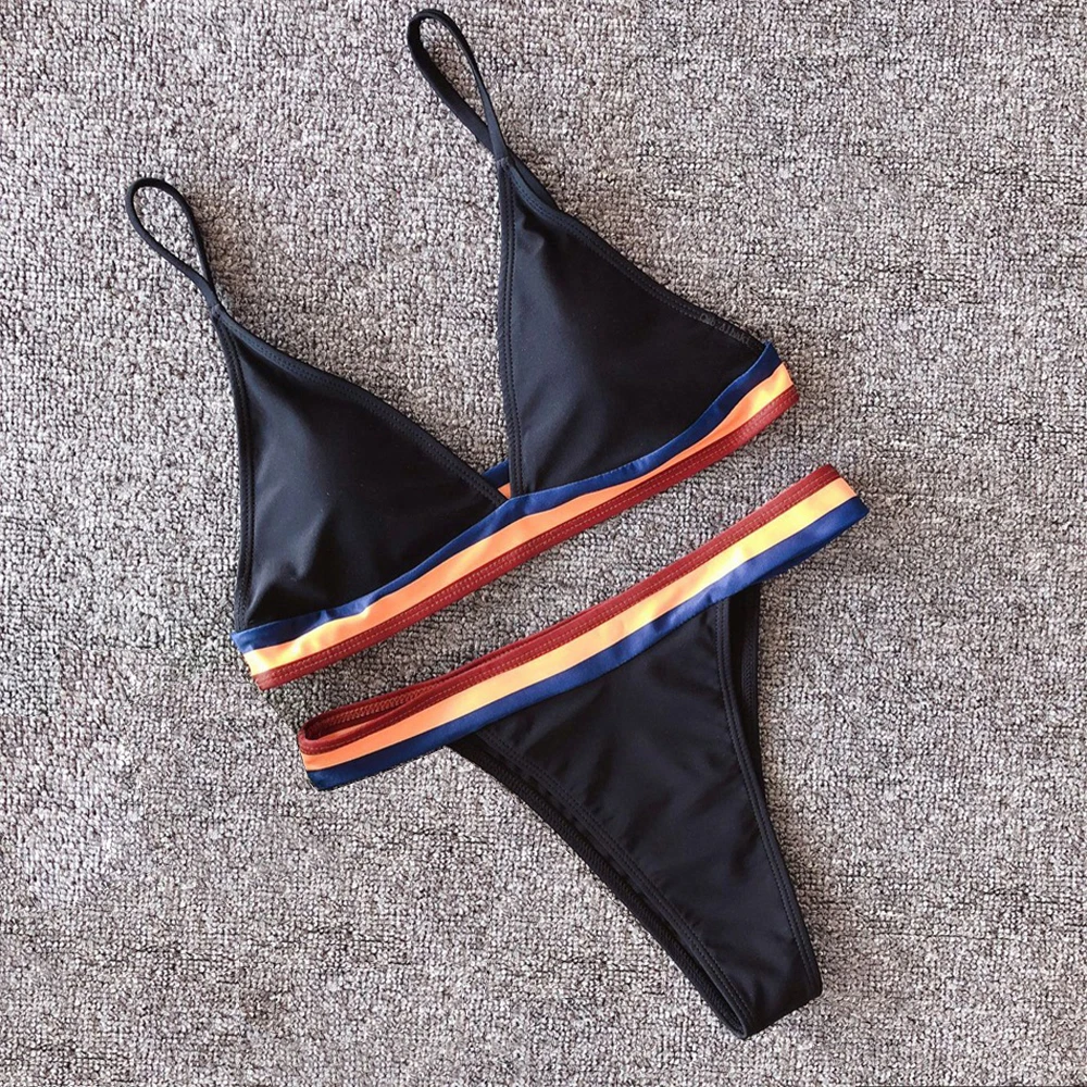 Женский купальник-бикини с пуш-ап однотонный бретельками на бретельках летний