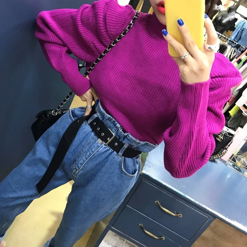 Винтажные минималистичные женские свитера с круглым вырезом и пышным длинным