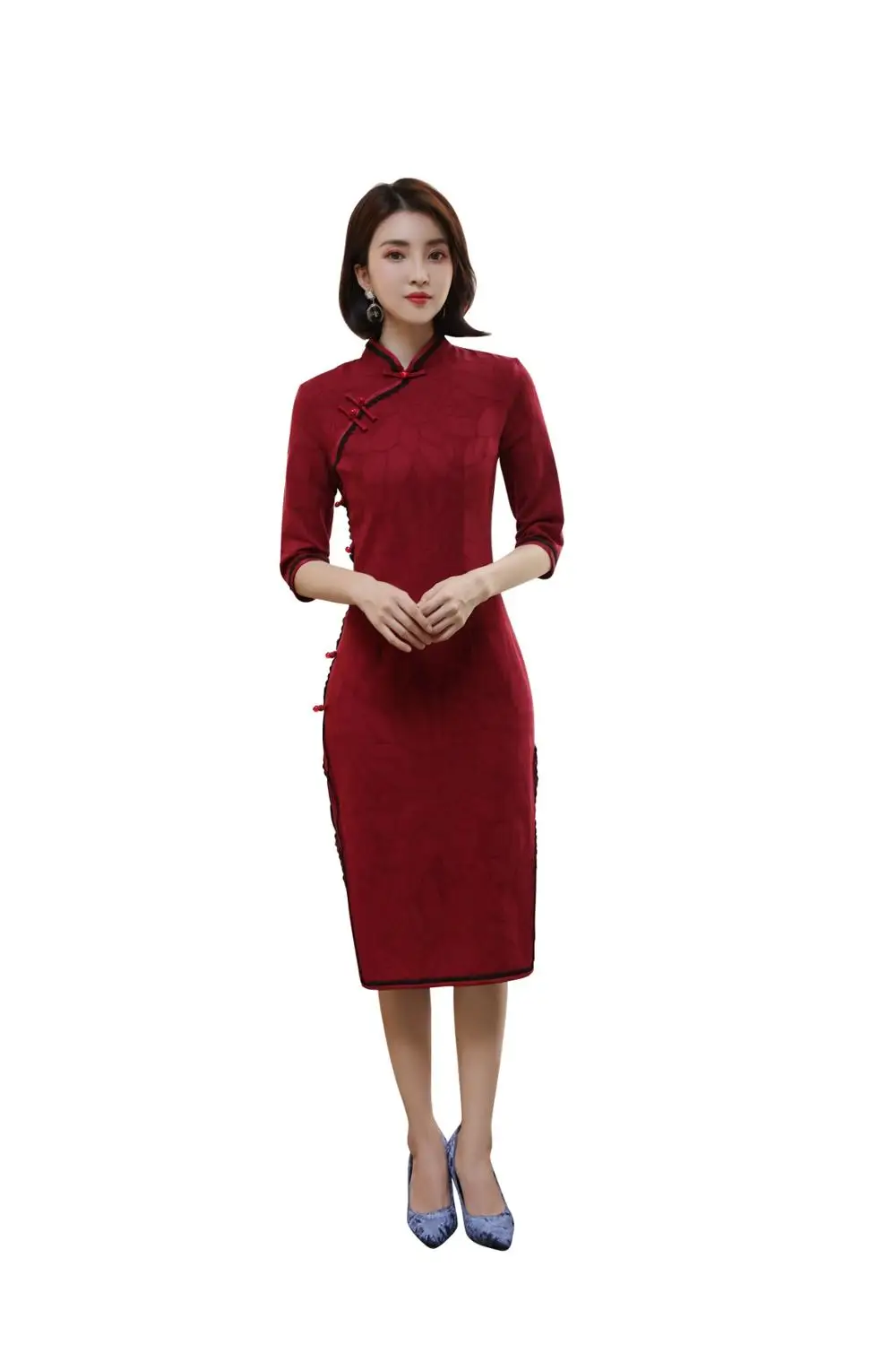 1249 Шанхай история Половина рукава по колено cheongsam платье хлопок лен Винтаж Ципао китайское платье китайский стиль платье для женщин - Цвет: 1249