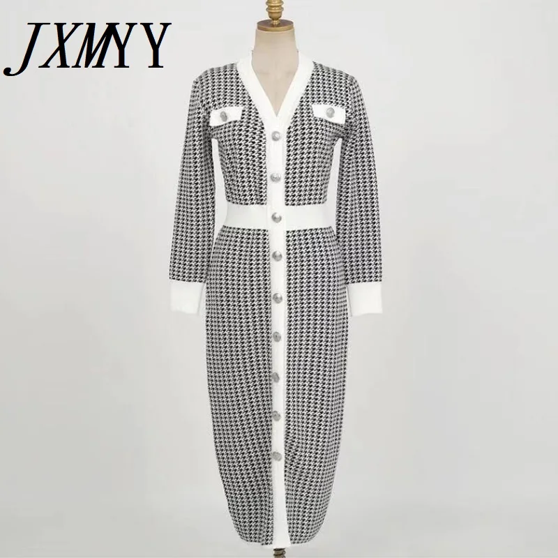 Женское трикотажное платье в клетку облегающее платье-свитер стиле ретро с