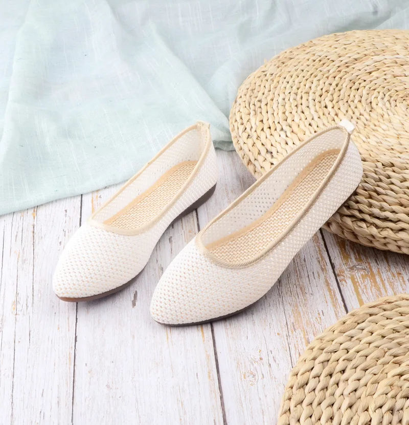 

Pointed Toe Casual Woman Shoe Tennis Female Flats Breathable Summer Dress New Lace-Up Fretwork Fabric Slip-On Solid Back Strap M