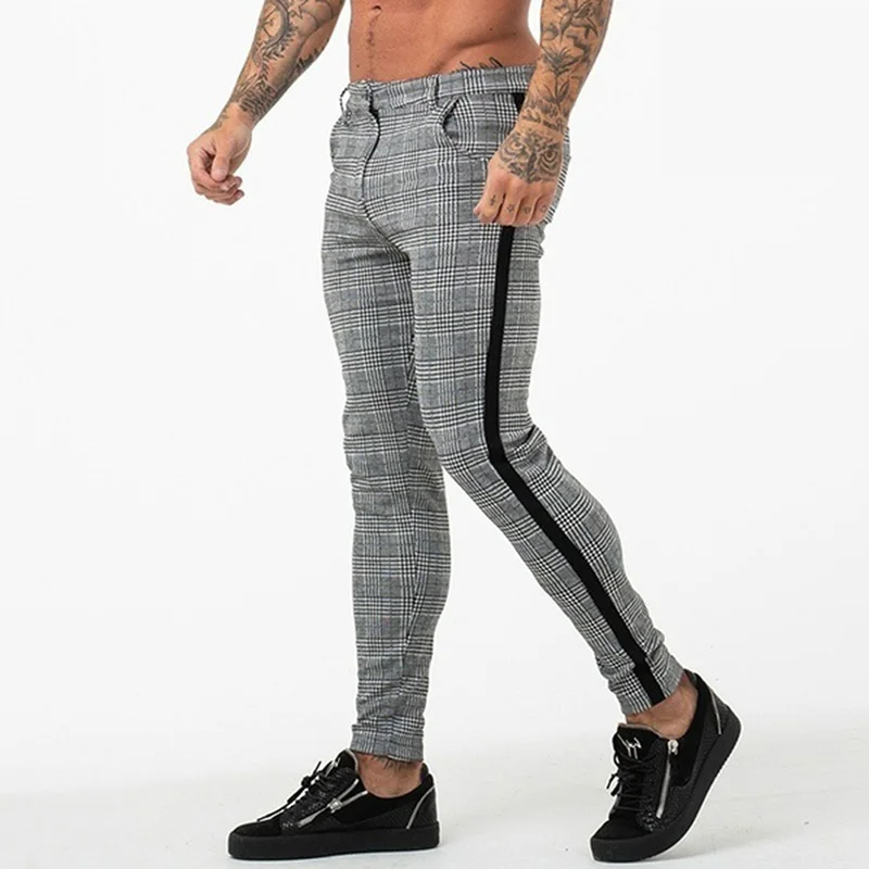 

Casual Mens Chinos Cotton Slim Fit Men Pants Trousers Skinny Chinos Pants Grey Ankle Length Streetwear Plaid Side Stripe Pants