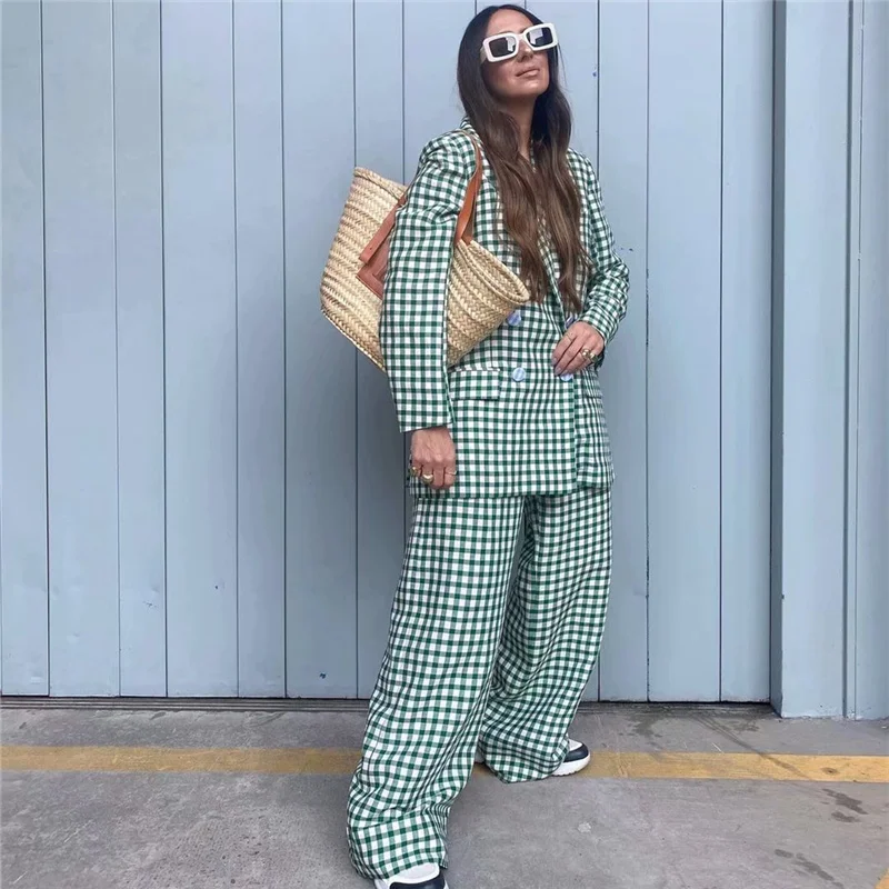 Женский блейзер в клетку весенний двубортный свободный зеленый Блейзер 2021 |