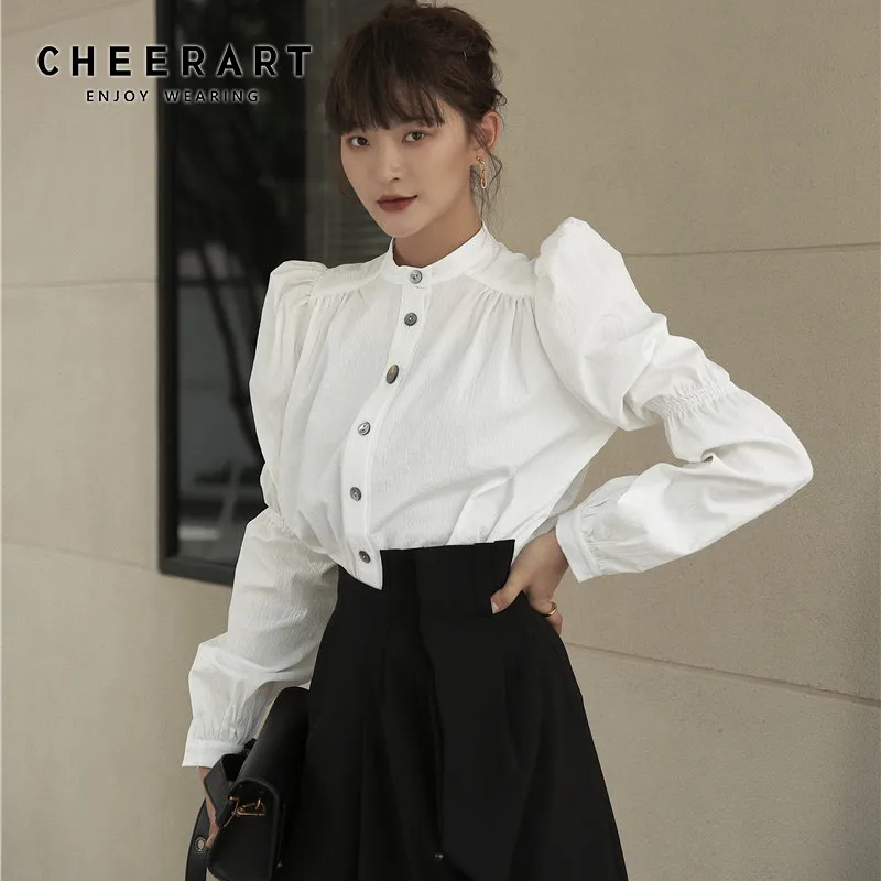 CHEERART топ с пышными рукавами белая блузка длинным рукавом Женская винтажная