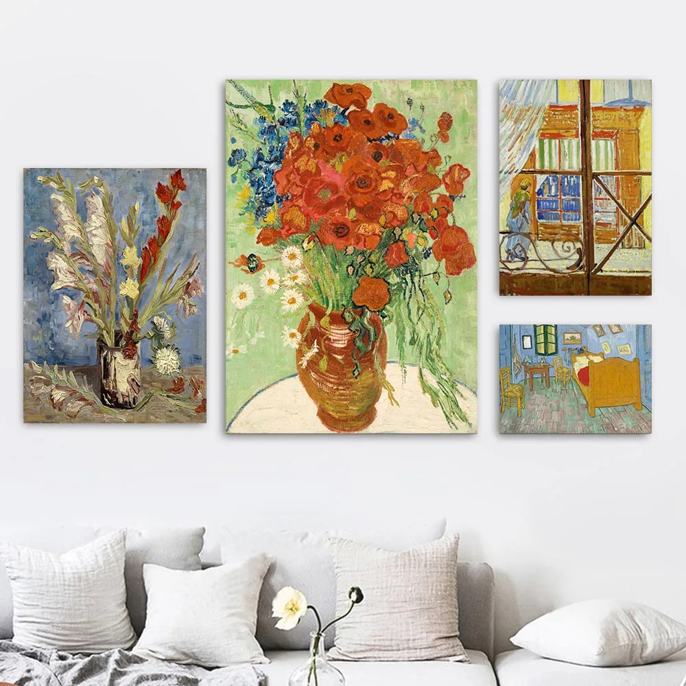 

Vincent Van Gogh The Bedroom raising The Road Menders The Rocks The yellow house Vase with Cornflowers wall painting pictures