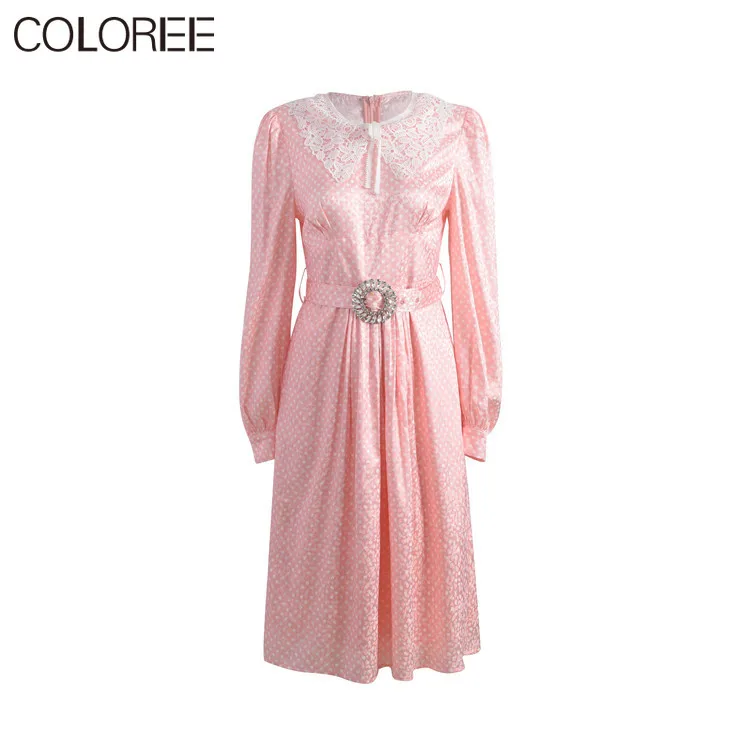 

Sweet Lace Turn-down Collar Long Sleeve Maxi Dresses For Women Spring Autumn Runway Designers Elegant Pink Polka Dot Long Dress