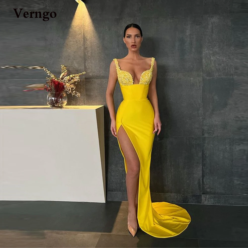 

Verngo Bright Yellow Stretch Satin Mermaid Prom Dresses Spaghetti Straps Sweetheart High Side Slit Long Evening Party Gowns