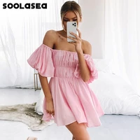 soolasea 2021 boho style female chic sweet dresses fashion solid slash neck high waist vestidos puff sleeve summer women dress