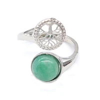fyjs unique silver plated tree of life open resizable with natural green aventurine ring ethnic style jewelry