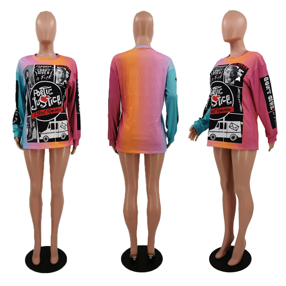 

KALENMOS Hoodies Women Long Sleeve O-neck Letter Gradient Rainbow Print Sweatshirt Streetwear Autumn Pullover Hoodies Tops