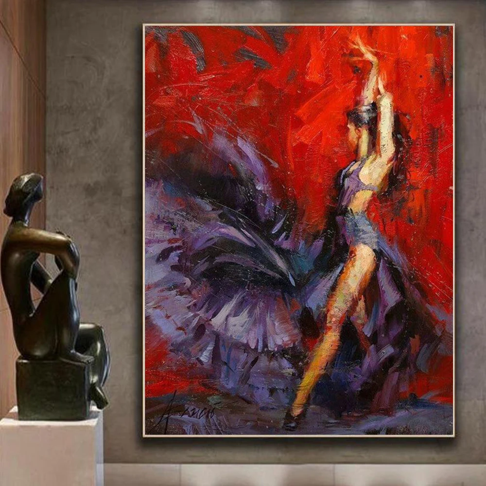 

Canvas Art Handmade Oil Painting Flamenco Dancer Red Spanish Modern Portrait Woman Artwork For Living Room Office Wall Decor
