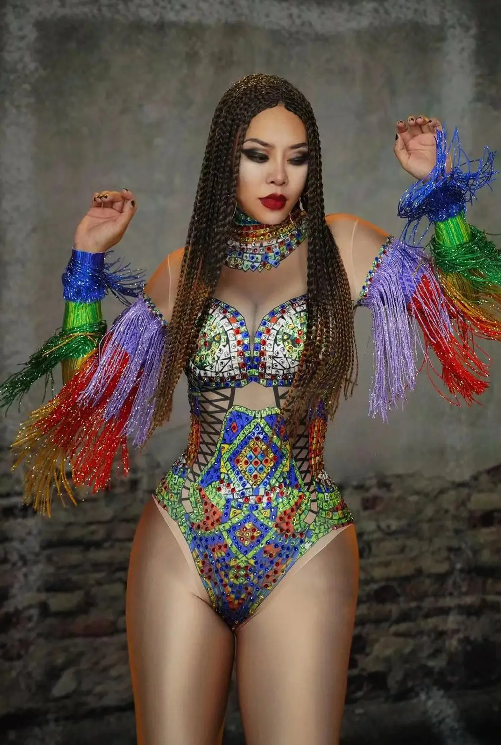 Rhinestones Tassel Bodysuit Women Nightclub DJ Singer Stage Costumes Stretch Leotard Party Celebration Dance Performance Outfits