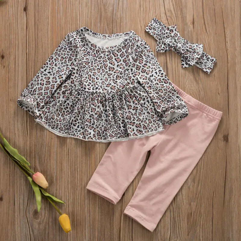 Одежда для маленьких девочек леопардовые топы с длинными рукавами штаны