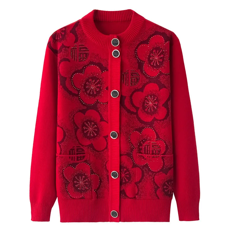 

Новинка, Женский вязаный кардиган среднего возраста, куртка, весна-осень, свитер с длинными рукавами и принтом, пальто для женщин, большие ра...