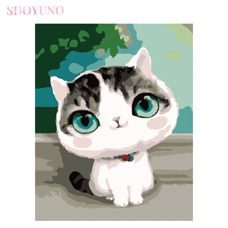 

SDOYUNO DIY frame painting by numbers kids cute cat animals pictures by numbers canvas painting kits Unique Gift For Home Decor