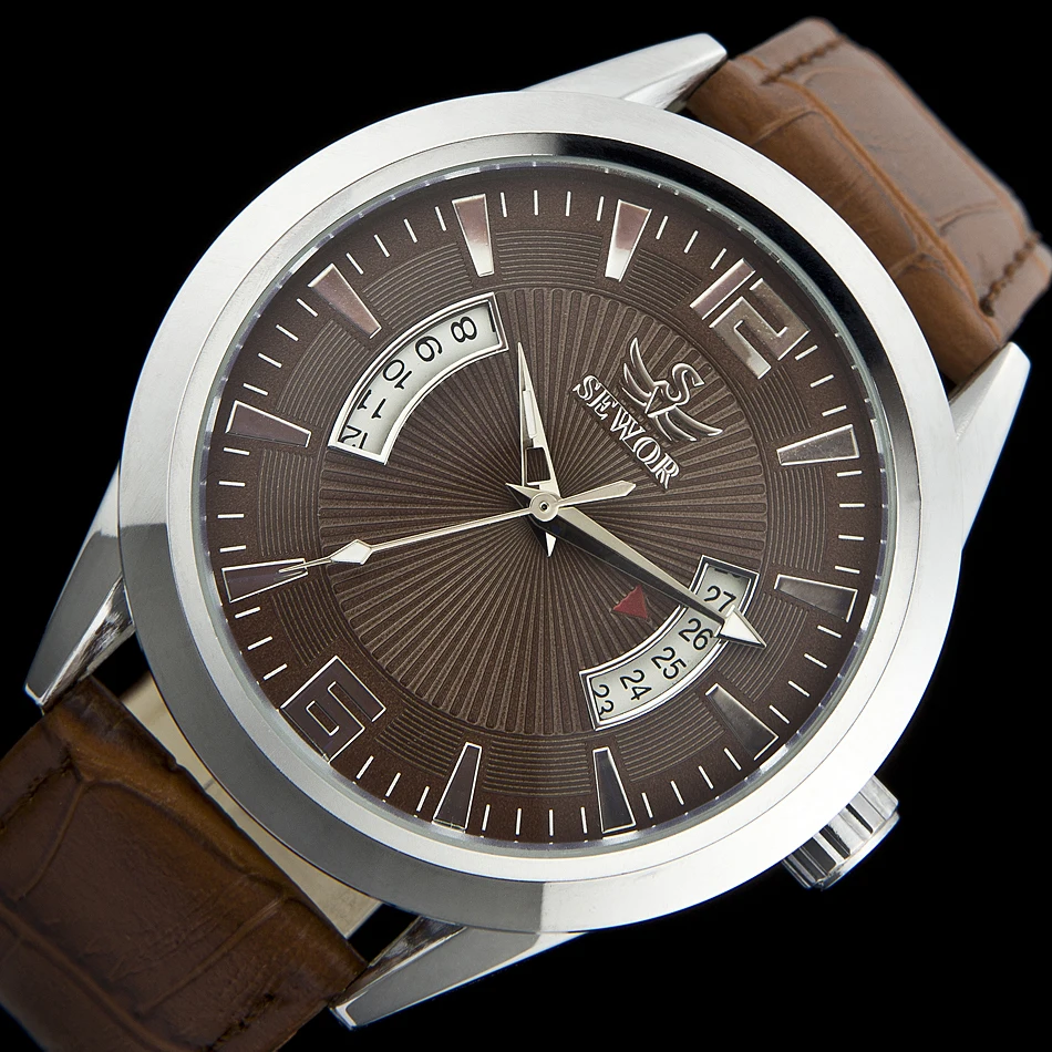 Мужские модные механические часы SEWOR с автоматическим заводом мужские кожаные Bnad