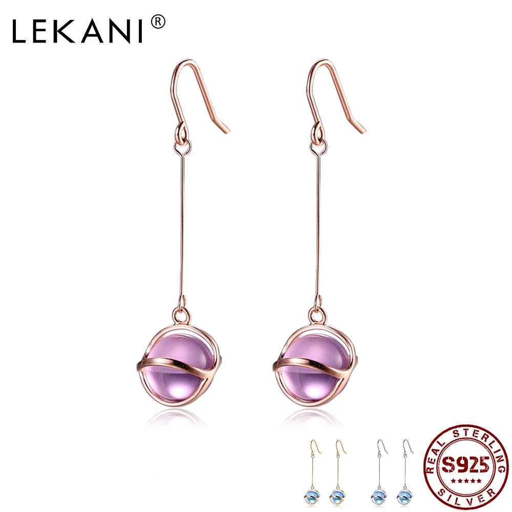 

LEKANI Genuine 925 Sterling Silver Round Glass Beads Drop Earrings For Women Trendy Gold Color Earring Hot Sale Fine Jewelry
