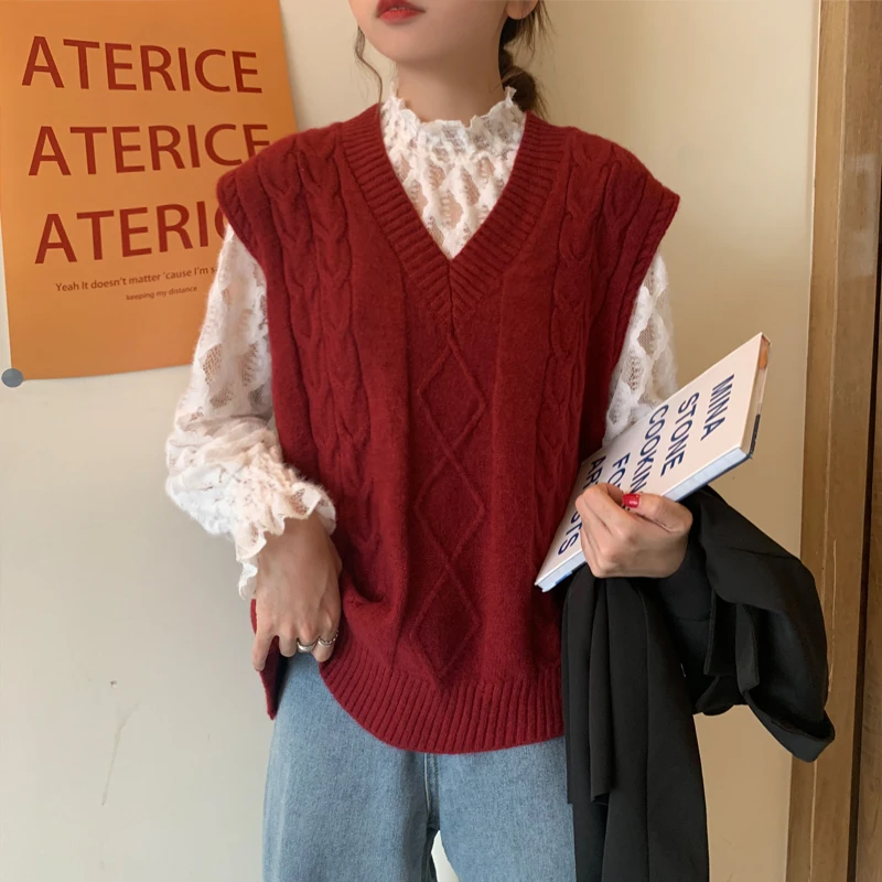 

Hzirip Women Knitted Vest Female Sweaters Pullover Tops V-Neck Concise All-Match Twist Fashion Casual Sweet Loose 2021 Autumn