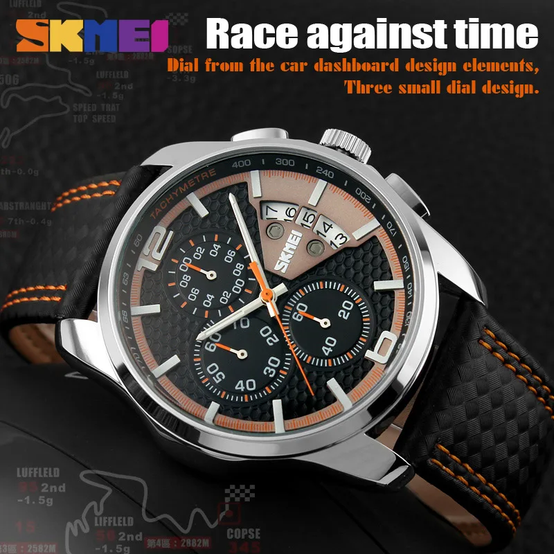 

SKMEI New Fashion Men Watches Analog Quartz Wristwatches 30M Waterproof Chronograph Date Leather Band Relogio Masculino 9106