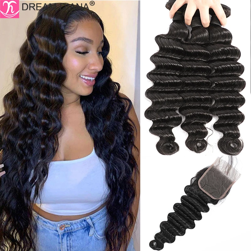

DreamDiana Malaysian Loose Deep Bundles With Closure Ombre Deep Wave With Closure 4PCS 1B/30 Remy Wavy Hair Bundles With Closure