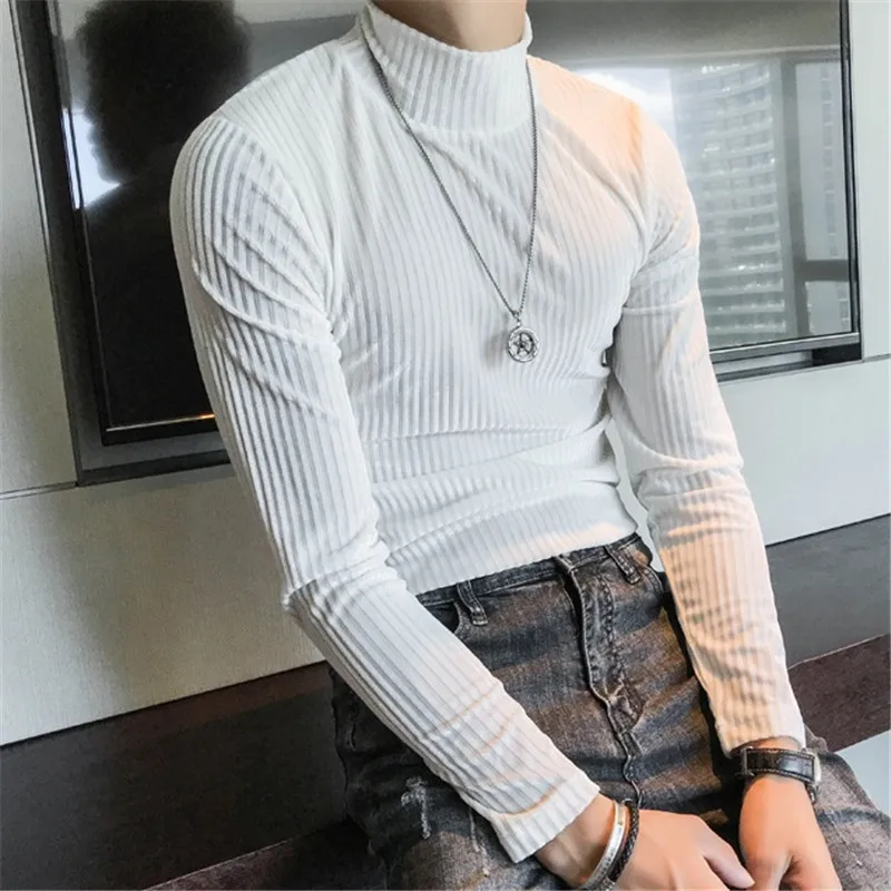 

High Quality 4 Colors Turtle Neck Velour Under Tshirt Men Long Sleeve 2020 Autumn Winter Slim Fit Men Tshirt Club Outfits Tshirt