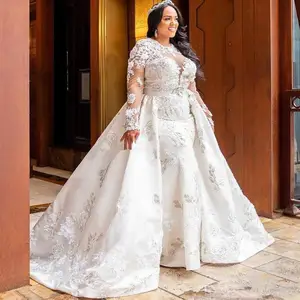 African Plus Size Wedding Dresses Lace Appliques Illusion Long Sleeves Mermaid Wedding Dress  with Detachable Train