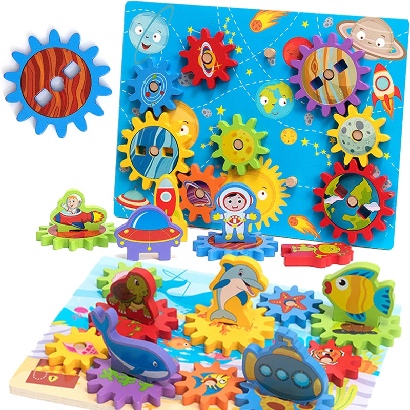 

Kids Games Montessori Educational Wooden Toys Gear Assembly Block Puzzle Ocean Planet Color Matching Board Gifts for Children