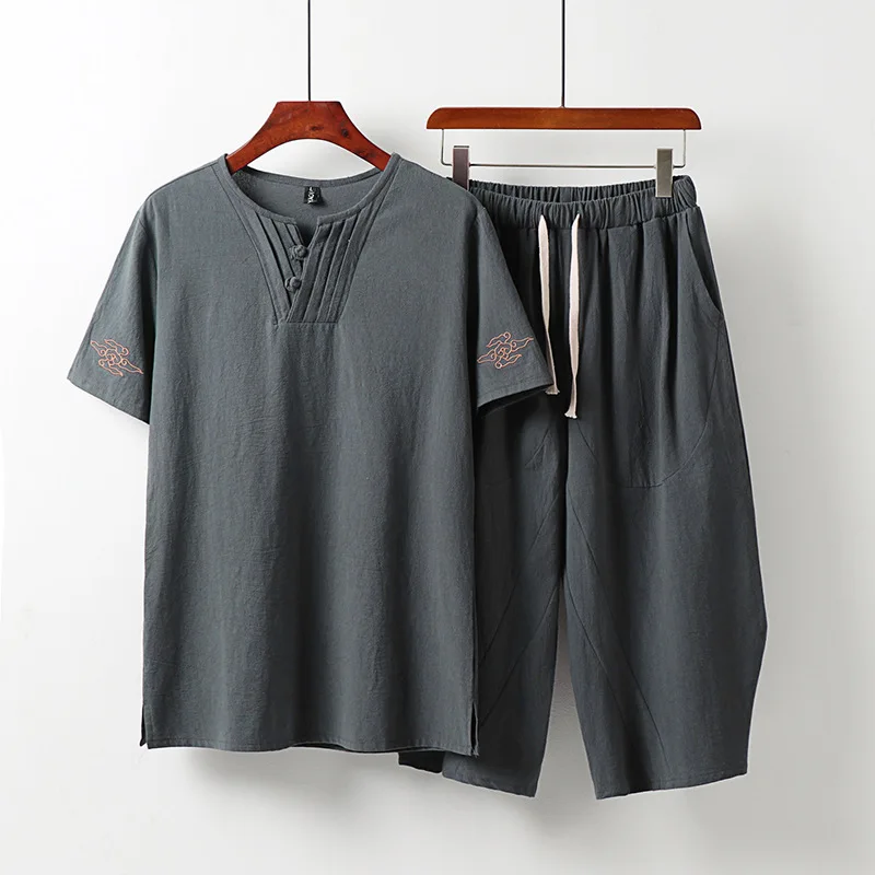 

New Arrival Fashion Super Large Summer Men Cotton Linen Short Sleeve Handsome Set Casual O-neck Hand-painted Plus Size M-8XL 9XL