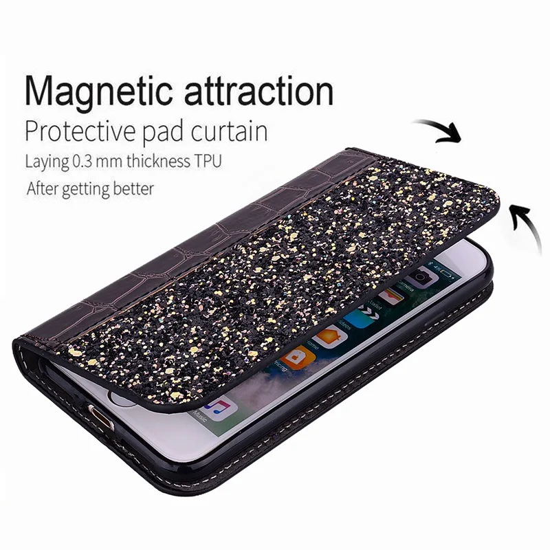 Кожаный чехол книжка с блестками для iphone 11 Pro Max 12 mini X XR XS 7 8 6 s Plus 5 5S SE 2020 защитный