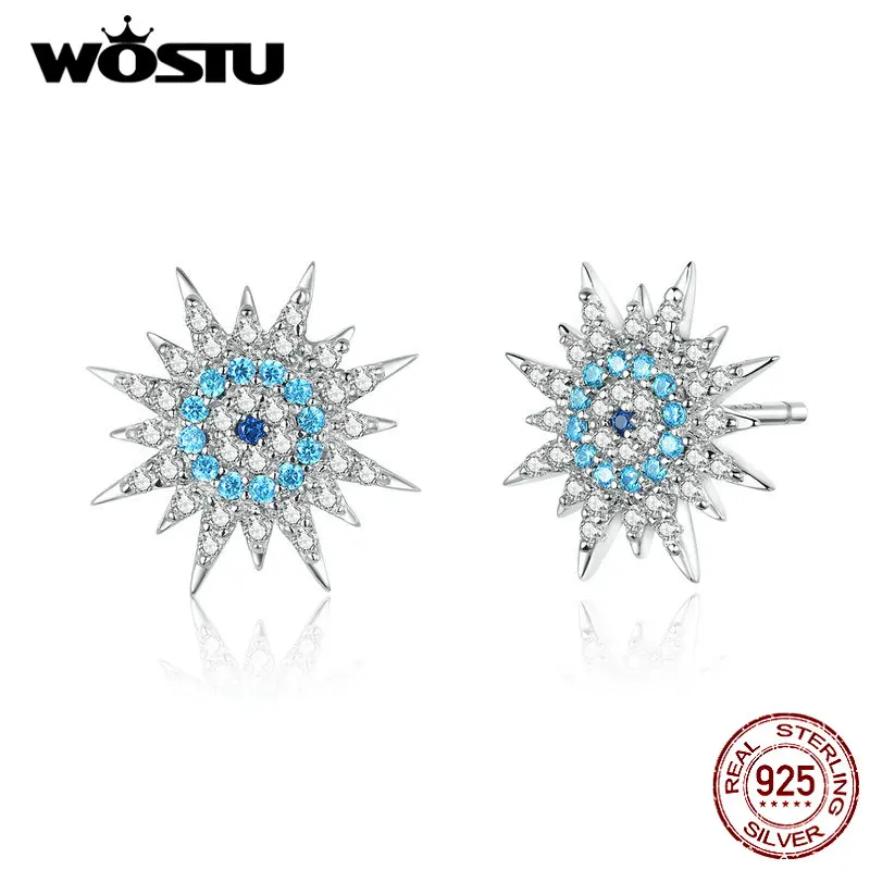 WOSTU, 925 пробы, серебряные серьги-гвоздики Lucky Eyes для женщин, блестящий циркон, модные свадебные синие маленькие серьги, ювелирные изделия CQE753