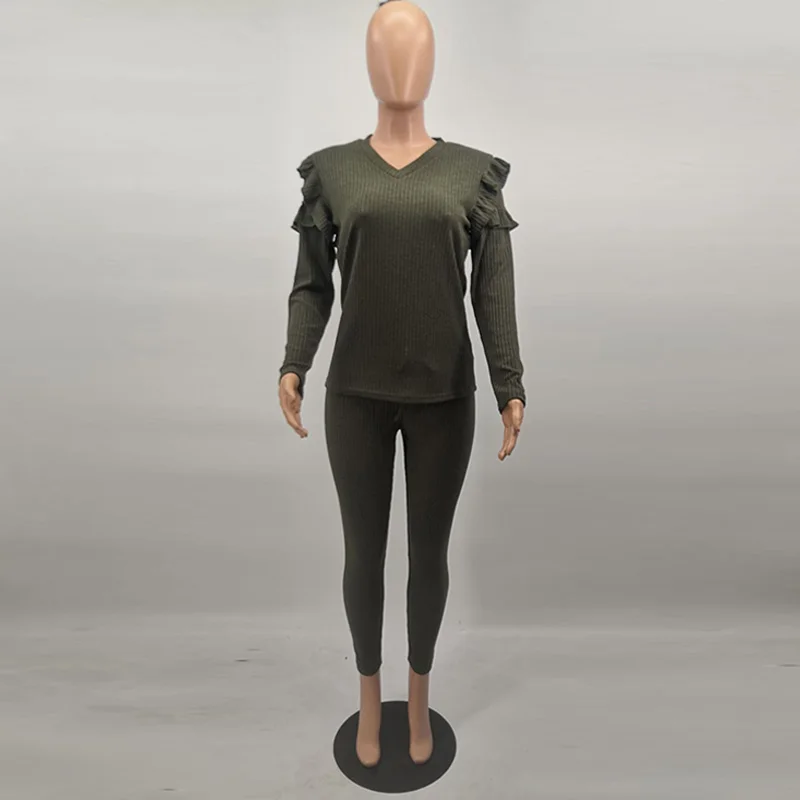 

Knitted Sweater Casual Two Piece Tracksuit Women Deep V Neck Ruffles Long Sleeve Top And Skinny Pants Suit Autumn Winter Outfits