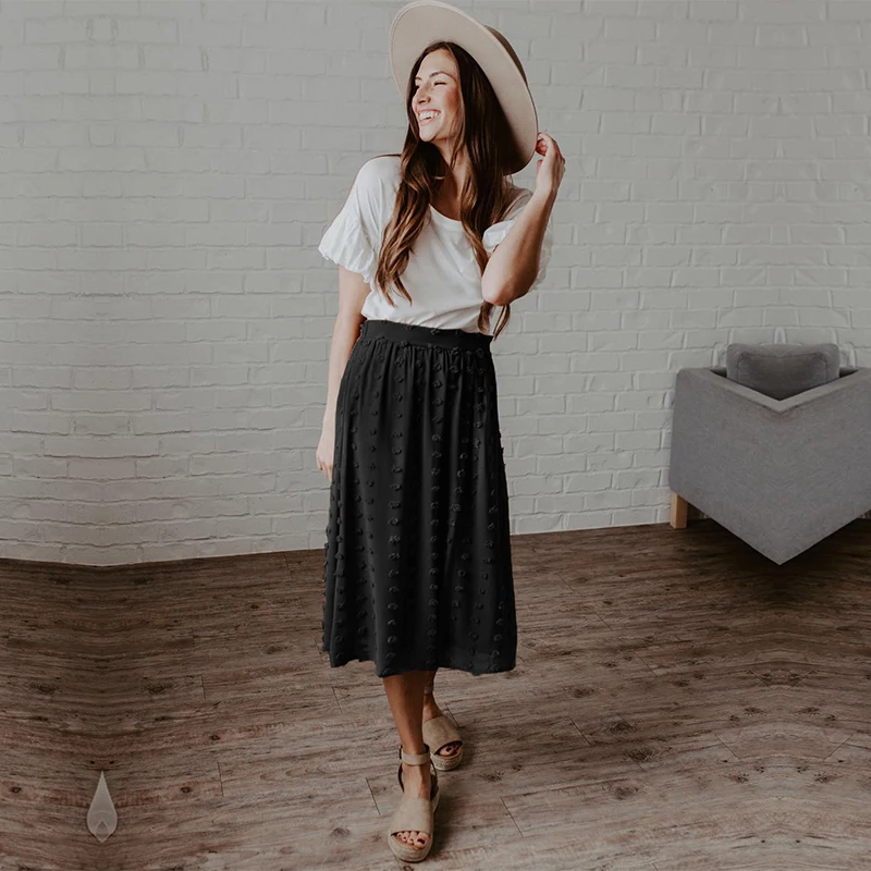 

2020 New Summer Solid A-line Skirt Women Casual High Waist Mid Calf Skirt