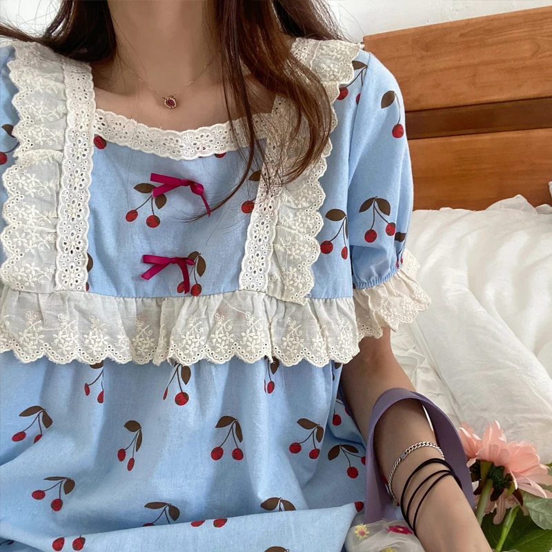 CAIYIER Sweet Lace Women Pajamas Set Summer Cute Pink Cherry Girl Nightwear Korean Short Sleeve Square Collar Princess Sleepwear