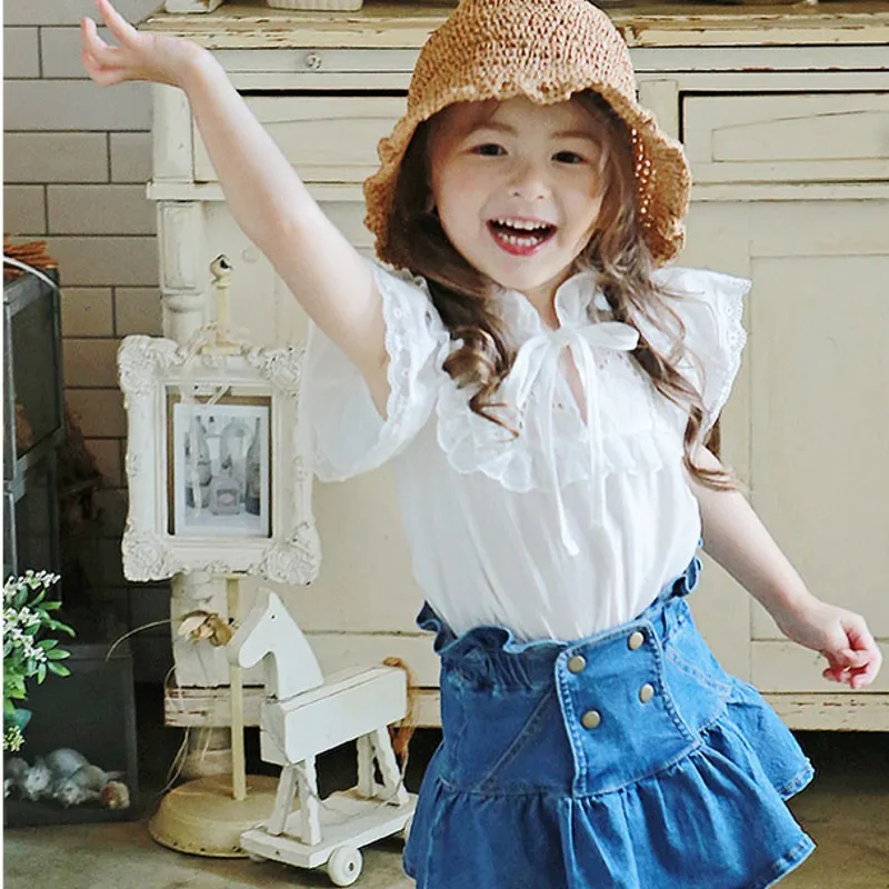 Кружевные рубашки для маленьких девочек милые корейские топы с короткими
