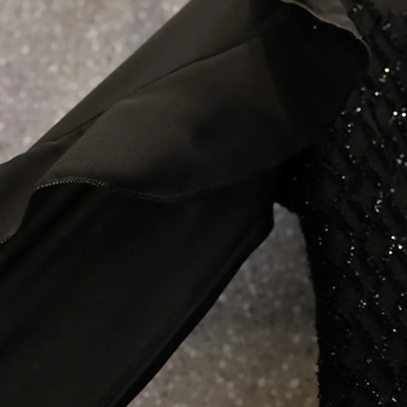 Женское винтажное твидовое платье черное Сетчатое лоскутное с оборками и