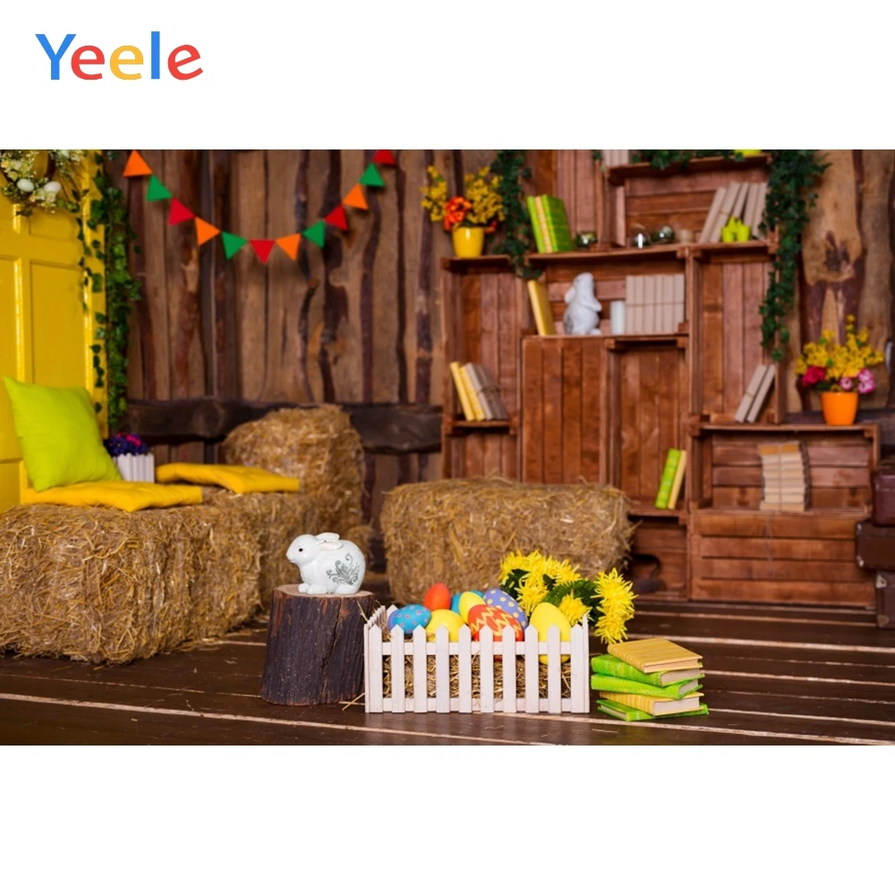 

Пасхальный интерьер деревянный дом стог сена цветы яйца кролик Новорожденные фотографические фоны для фотостудии