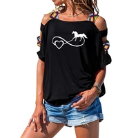 women short sleeve funny graphic horse printed summer tops streetwear women sexy hollow out shoulder tee