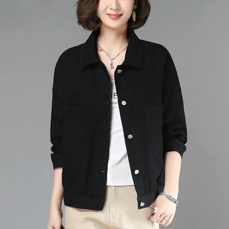 Женская однобортная джинсовая куртка черная Повседневная Свободная