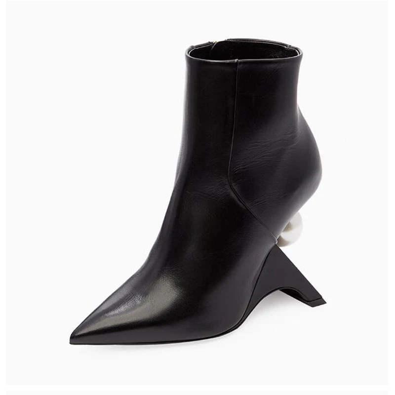 

Genuine Leather Pearl Decoration Strange Heel Ankle Boots for Women Summer Ankle Buckle High Quality Comfortable Solid Sandals