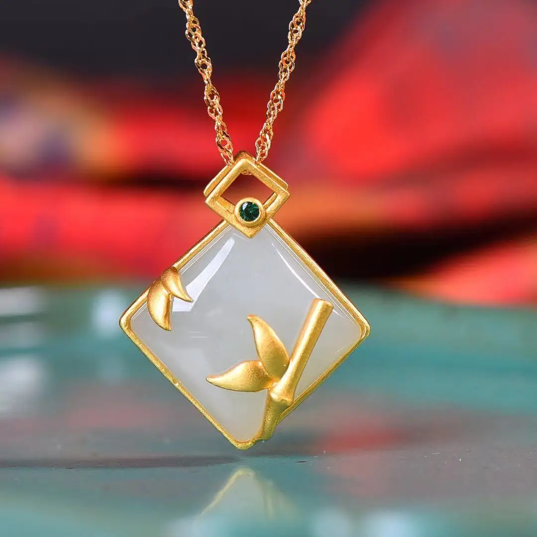 

Natural 925 Silver Inlaid Hetian Jade Square Enamel Pendant