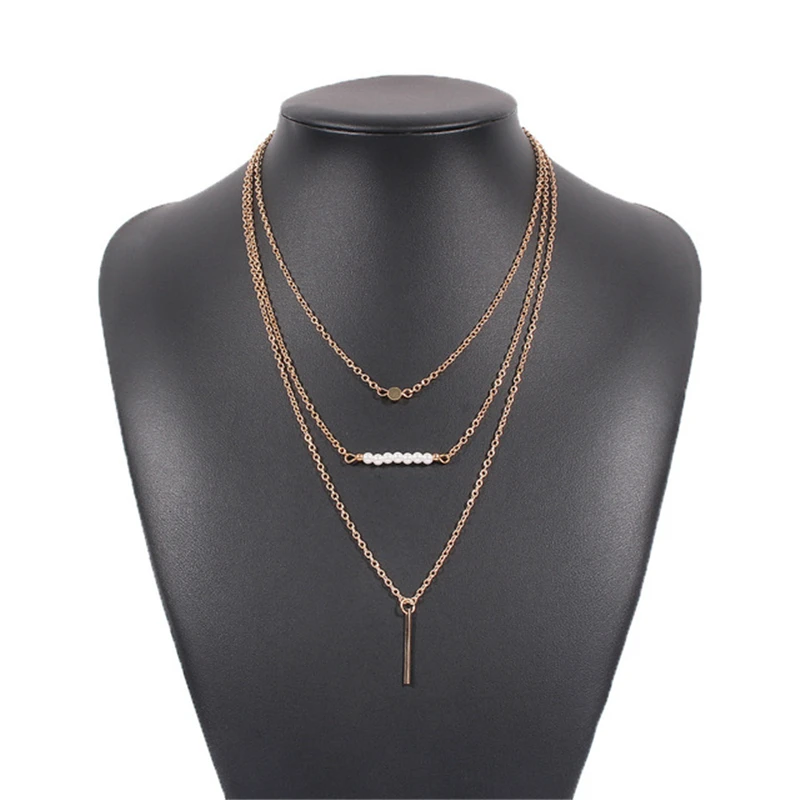 

2021 New Women's Fashionable Neckchain Personality Multi-layer Geometrical Pendant Beaded Cheap Neckline