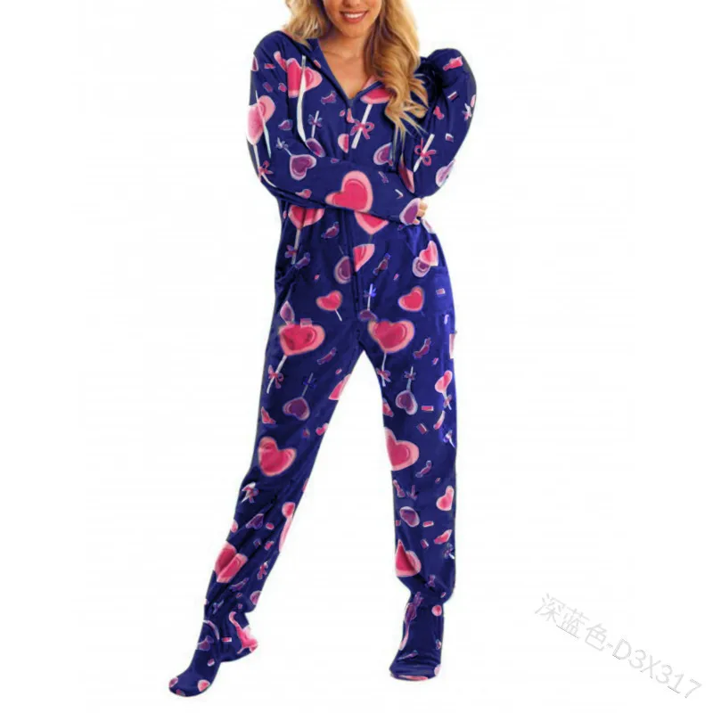 

Mandylandy Autumn Winter Plush Loose Jumpsuits Women's Casual Long Sleeve Zipper Printed Hooded Lace-up Pajamas Home Jumpsuits